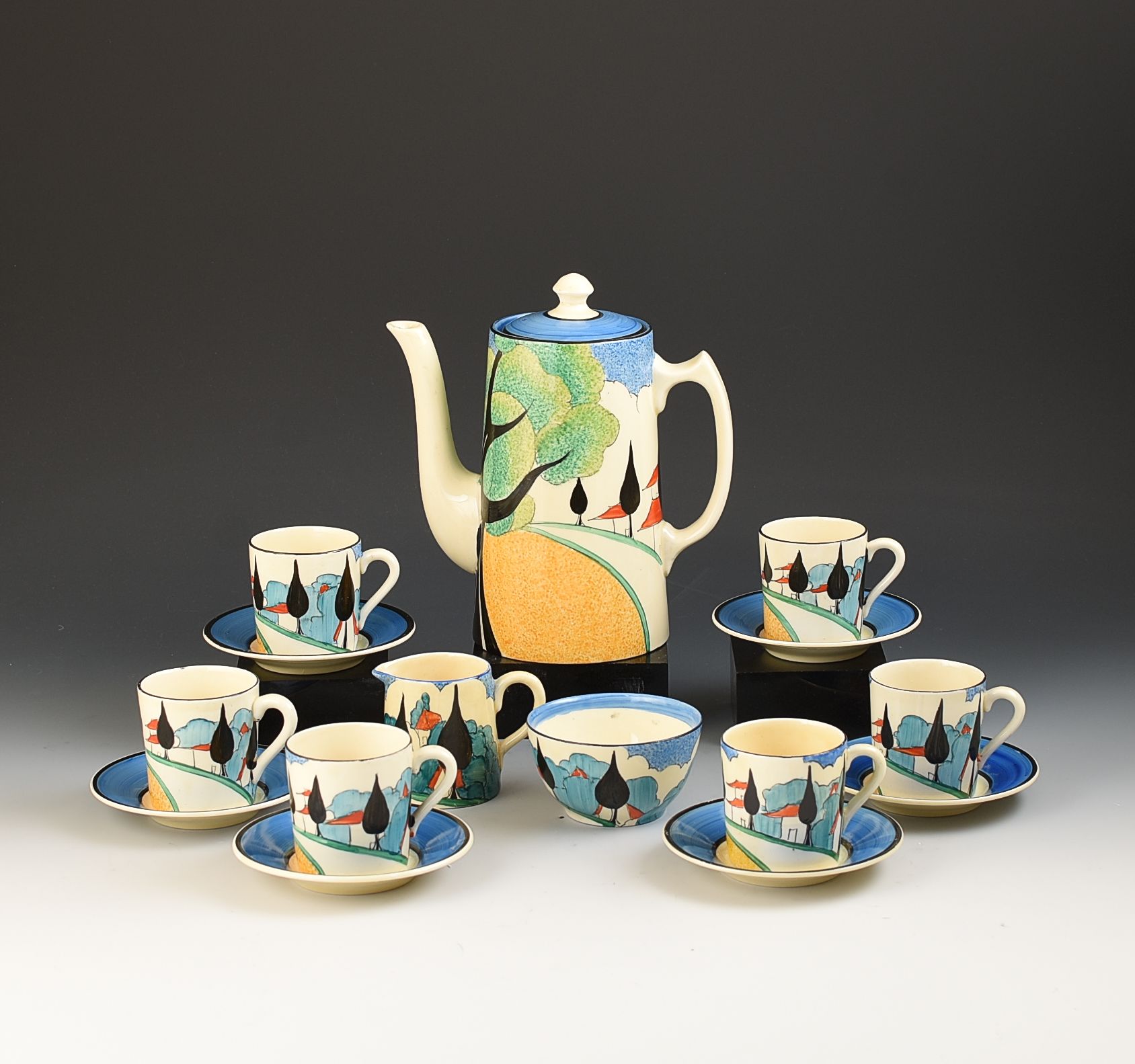 Clarice Cliff COMPLETE MAY AVENUE TANKARD COFFEE SET C.1933